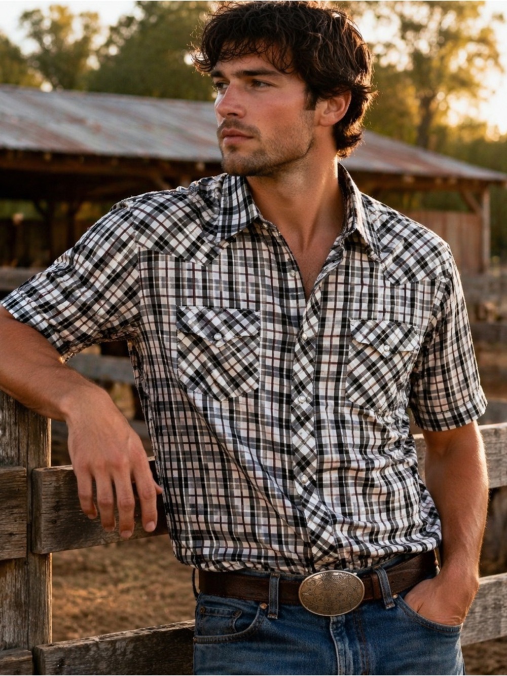 Vintage Black White Plaid Pearl Snap Western Shirt | Men’s L